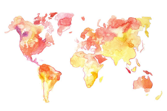Watercolor map of the world hand drawn red yellow colors.