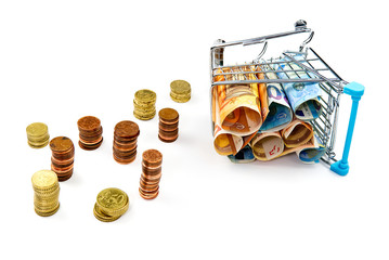 shopping cart full of euro banknotes isolated on white. Concept: loan, investment, pension, saving...