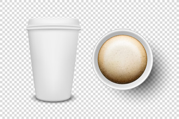 Vector 3d Realistic Disposable Opened Paper, Plastic Coffee Cup for Drinks Icon Set Closeup Isolated on Transparent Background. Design Template, Mockup. Top and Front View