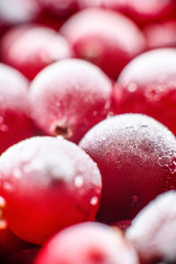 Close up frozen cranberries in a wooden bowl. Selective focus. Top view