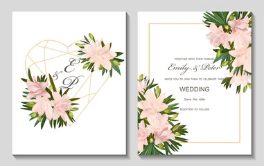Wedding invitation with flowers Lily and leaves, watercolor, isolated on white. Vector Watercolour.