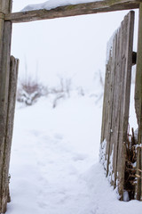 Old abandoned building from boards in the winter in the field