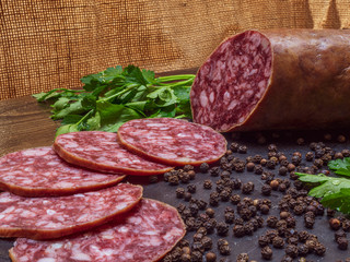Close-up of extra Iberian Spanish Salchichon. Spanish food.