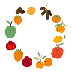 Vector round frame with Seasonal winter Fruits on a white background. Smiley cartoon food characters - Apple, Orange, Date fruits, Lemon, Pomegranate, Persimmon. Healthy fruits background.