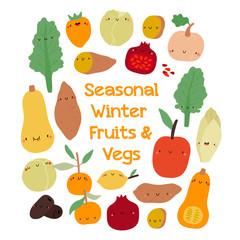 Seasonal Winter Fruits and Vegs - vector illustration on a white background. Healthy green food background. Cartoon smiley fresh fruits and vegetables.