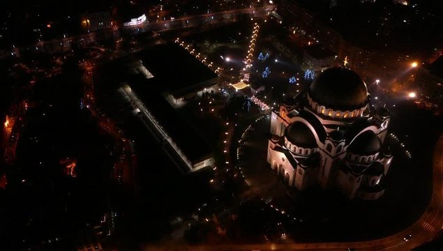 Drone shot of tample of Saint Sava. Night areal shot. 