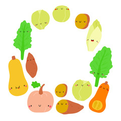 Vector round frame with Seasonal winter Vegetables on a white background. Smiley cartoon food characters - Kale, Pumpkin, Sweet potato, Endive, Brussel sprouts. Healthy vegs background.