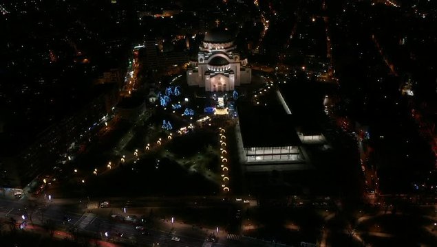 Drone shot of tample of Saint Sava. Night areal shot. 