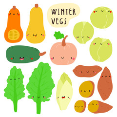 Super cute vector seasonal Vegetables collection. Hand drawn Food in cartoon style. Winter  Vegetables set.