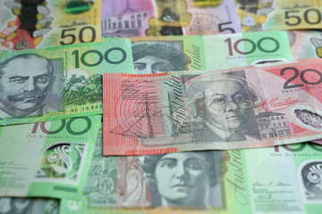 Australian (AUD) currency, bank notes of various denominations.