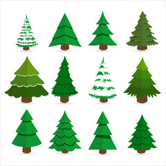 Flat Christmas tree set. Layouts of different Christmas trees. Big set of Christmas trees on a white background
