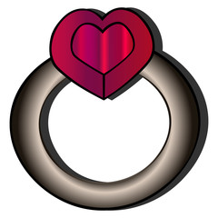 Color vector illustration of a ring with a stone in the form of a heart. Ornament with ruby ​​on a white isolated background. Idea for sticker, web design, book design, notepad. Valentine day, wedding