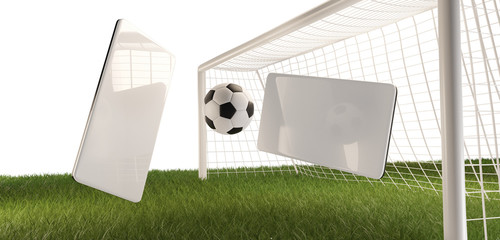 mobile phone soccer football ball and soccer goal 3d-illustration