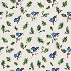 Seamless pattern hand-drawn graphic watercolor sketchy blueberry twigs with leaves and berries on a cream white background.
