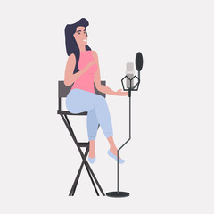 Fototapeta premium woman blogger recording music video blog in studio podcasting broadcasting online radio concept girl singing to microphone full length vector illustration