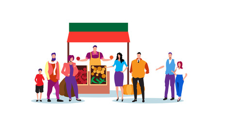 people standing line queue to vegetable fruit local shop fresh natural products outdoor fair horizontal full length vector illustration