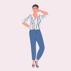 woman fashion blogger standing pose smiling stylish girl posing female cartoon character full length vector illustration