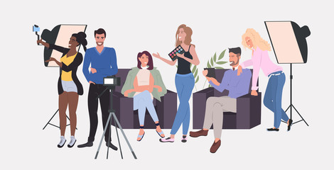 beauty bloggers recording video blog with camera on tripod blogging concept mix race men women streaming live full length horizontal vector illustration