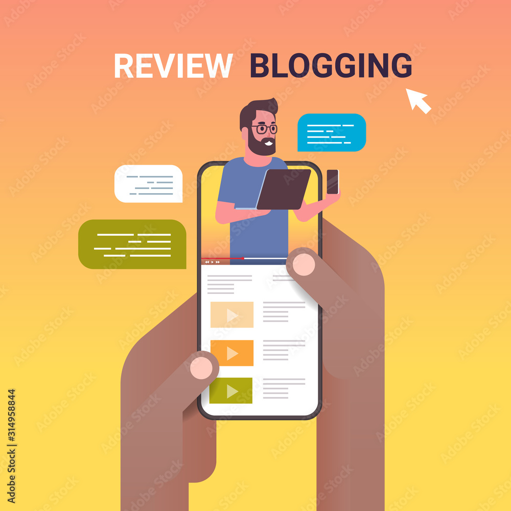 Poster hands using smartphone with technology blogger on screen man testing new cellphone review blogging c