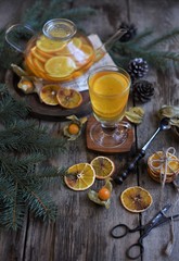 Winter tea with fresh  orange . Cup of orange tea. Oriental tea. orange tea.