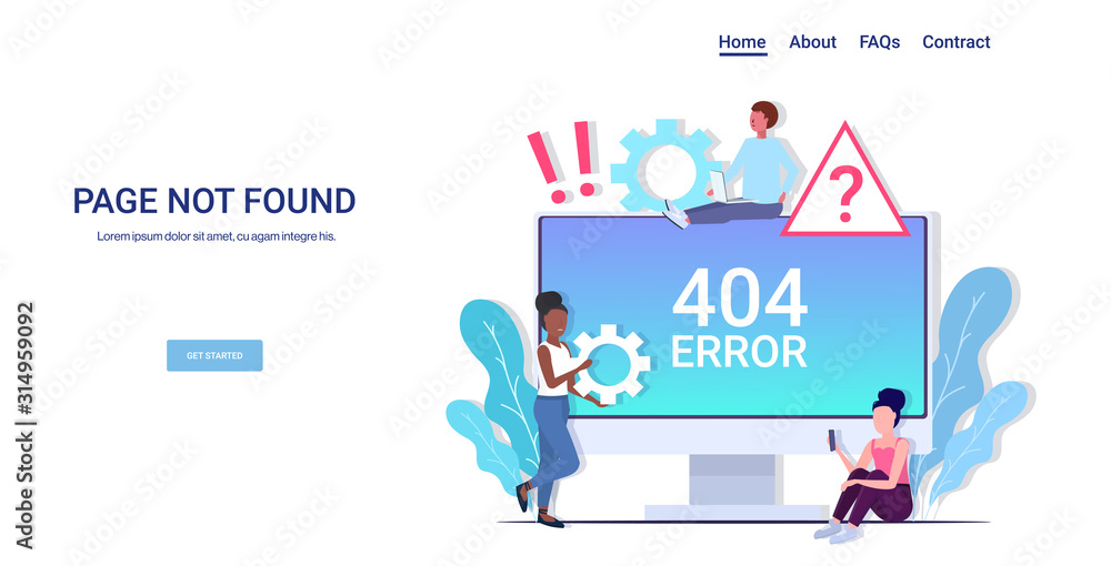 Poster mix race people using computer app 404 page not found concept internet connection problem message on