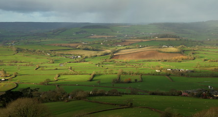 Fototapeta na wymiar Farmland in Axe Valley, Devon seen from Musbury Hill