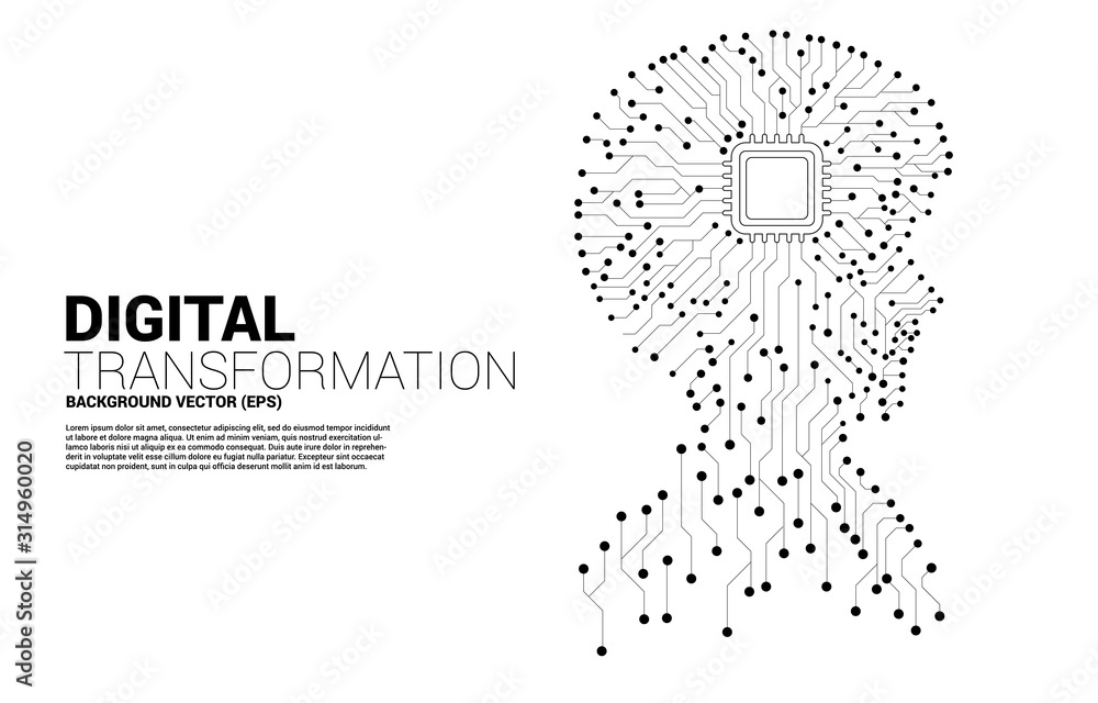 Poster Vector silhouette of man head from dot connect line circuit board style with processor . Concept background human future and technology