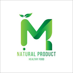 Original Letter M for logotype. Natural product with green tree leaf for logo world ecology. Flat Vector Illustration EPS10