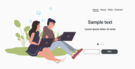 bloggers couple using laptop online communication social media network concept full length horizontal copy space vector illustration