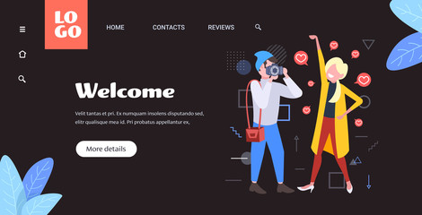 man photographing woman on digital camera travelers bloggers couple taking photos travelling blogging social media network concept full length copy space horizontal vector illustration
