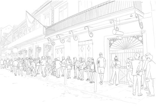Hand drawn illustration. At the famous Preservation Hall landmark in New Orleans, Louisiana, people wait in line to see live Jazz music.