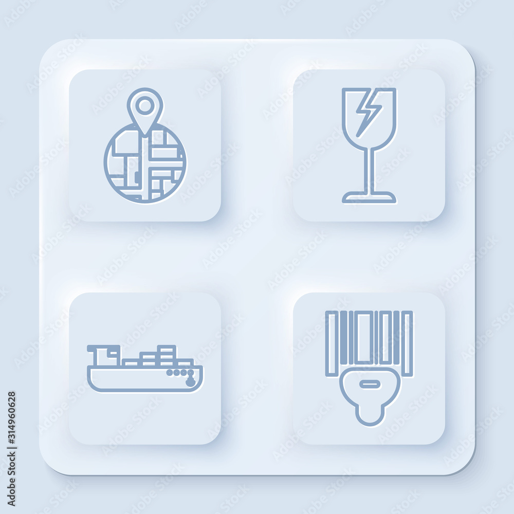 Poster set line placeholder on map paper in perspective , fragile broken glass symbol, cargo ship with boxe