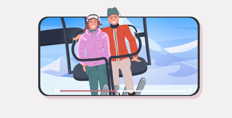 skiers couple in cable car man woman sitting together live streaming blogging concept cable-way in snowy mountains online player smartphone screen mobile app horizontal vector illustration
