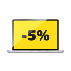 Sale, markdown, discount 5 percent on High-quality laptop screen. Reduced Prices. Special offer. Shopping badge with percentage discount.