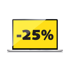 Sale, markdown, discount 25 percent on High-quality laptop screen. Reduced Prices. Special offer. Shopping badge with percentage discount.
