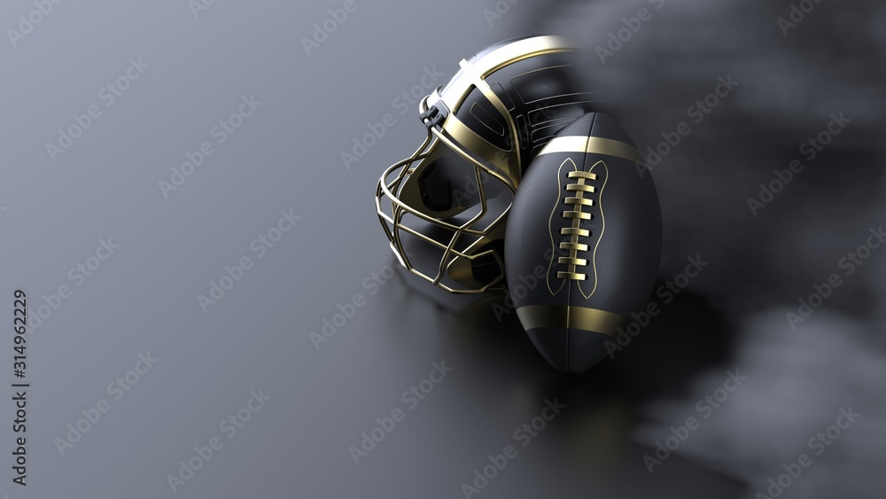 Wall mural American football gold-black helmet and Ball with dark black toned foggy blur smoke under black-white laser lighting. 3D illustration. 3D high quality rendering.