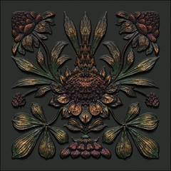 Fototapety  3d render, abstract black gold vintage floral background, medieval botanical pattern, forged metallic tile, ancient ironwork, tropical flowers and leaves motif, decorative classic ornament
