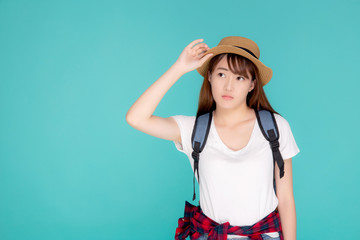 Fototapeta premium Beautiful young asian woman upset and worry travel summer trip in abroad isolated on blue background, tourist asia girl having problem and stress journey in vacation for leisure, holiday concept.