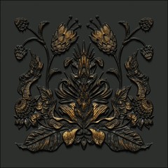 3d render, black gold antique floral carving, embossing, aged metallic tile, embossed botanical pattern, medieval ornament, ancient ironwork, tropical flowers and leaves motif