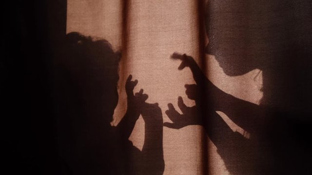 Side view on silhouette of unrecognizable mother and child of primary school age telling stories using shadow presents talking dove heads when sitting behind the curtains at home 