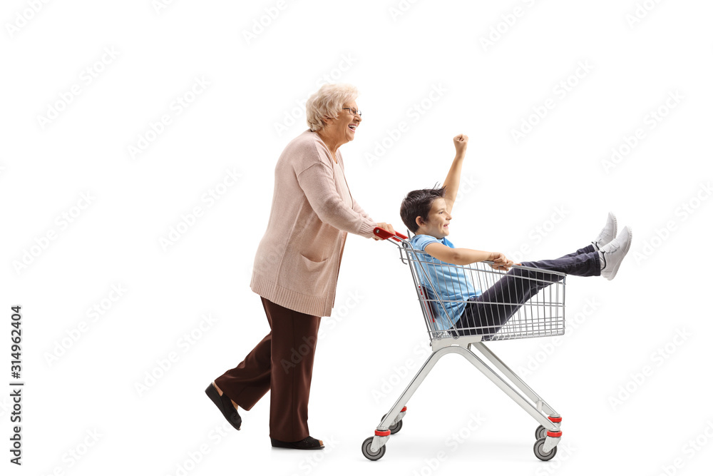 Sticker Grandmother pushing a shopping cart with a boy sitting inside