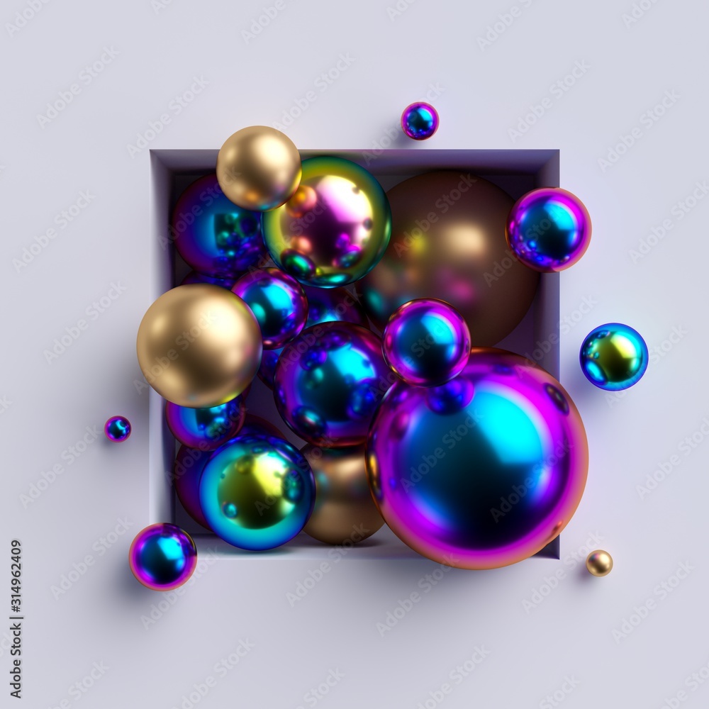 Poster 3d render, abstract background. bunch of colorful iridescent shiny metallic balls inside square nich