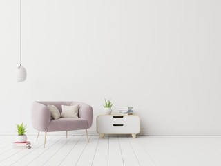 Interior with velvet armchair on empty white wall background.