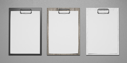 different coloured plastic and wooden clipboards with blank paper sheet isolated on grey background 3d render illustration