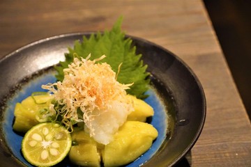 nasu-no-nibitashi(boiled eggplant with Japanese soy sauce and broth)