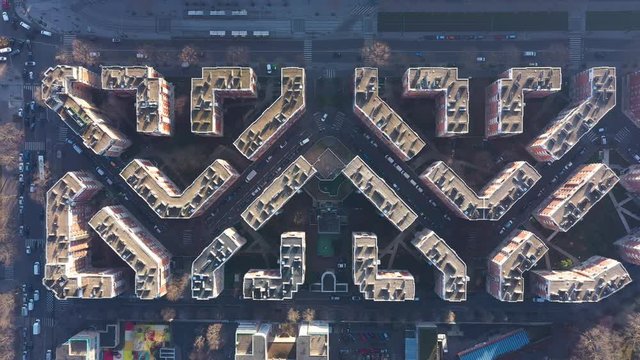 Top shot aerial over buildings in Paris France geometrical shapes architecture 