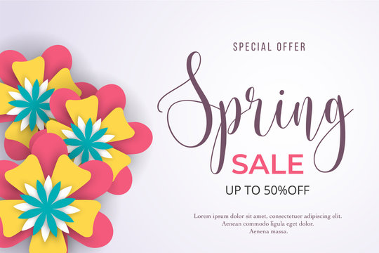 Spring sale background with beautiful paper flowers