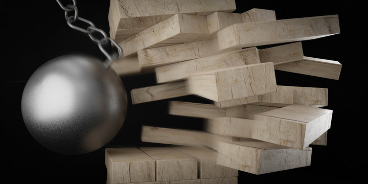 destruction concept of metal wrecking ball smashing board game falling tower of wooden blocks on dark background 3d render illustration