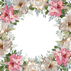 Cute floral frame of cream and pink flowers roses and green leaves on white background. Copy space. Hand drawn. For valentines day greeting card design, wedding invitation. Vector illustration.