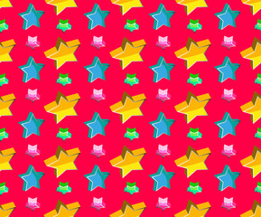 Festive bright seamless pattern 3d stars on red background. Confetti of shiny colorful stars on contrasting background. Vector illustration for packaging, decoration, holiday banners for birthday.